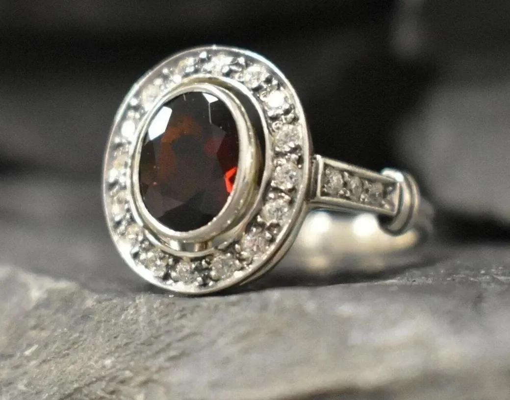 Authentic 2Ct Oval Lab-Created Red Garnet Diamond Halo Wedding Ring 14K White Gold Plated