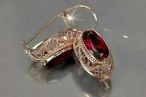 Authentic Oval Cut Lab Created Red Garnet Drop & Dangle Earrings in14K Yellow Gold Plated