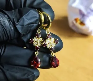 Authentic 4Ct Pear Cut Lab Created Red Garnet Drop &Dangle Earrings 14K Yellow Gold Plated
