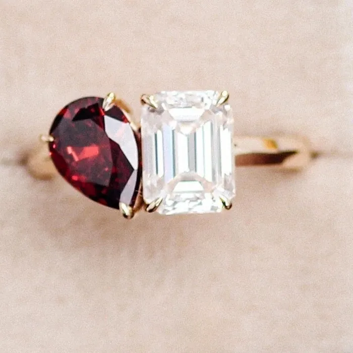Authentic Pear Cut Simulated Red Garnet Engagement Band Ring In 14k Yellow Gold Plated