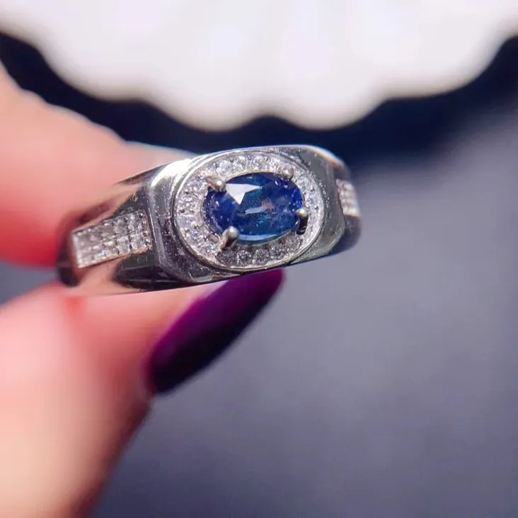 Classic Sapphire Ring 5Mm 7Mm 0.7Ct Natural Sapphire Jewelry 18K Gold Plated Band Ring
