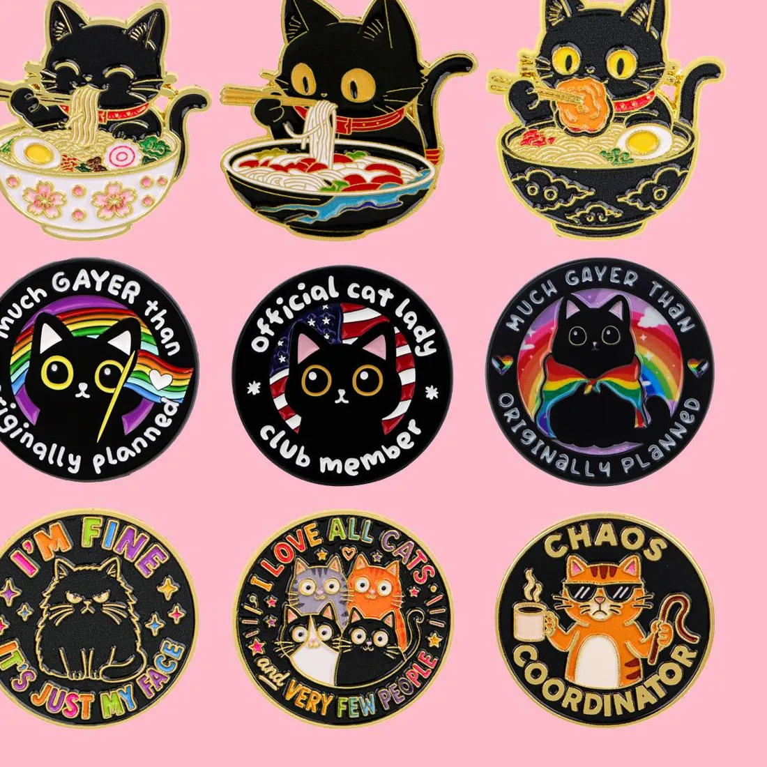 Authentic 9Pcs Black Cat Brooch Ramen Eating Kitty Enamel Pins Badge On Backpack Clothing Accessories Jewelry For Friend