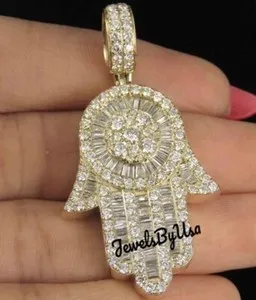 Authentic Men's Baguette Moissanite Hamsa Hand Charm Pendant 3CT Yellow Gold Plated Silver
