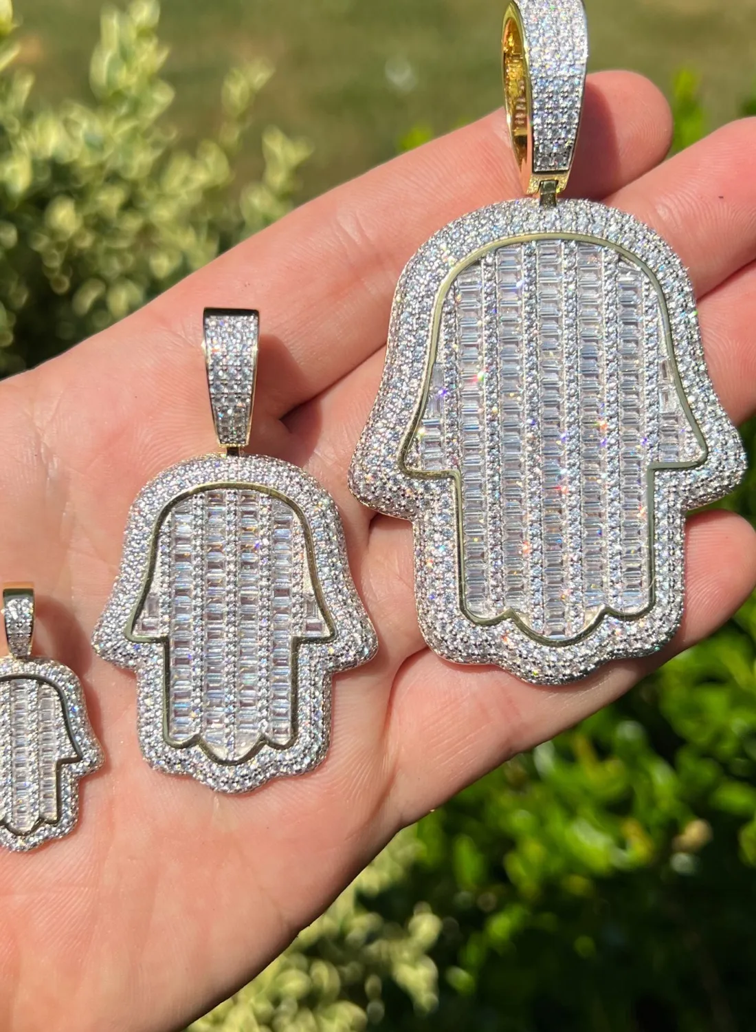 Authentic 14k Gold Plated 925 Silver Hand Hamsa Iced Baguette CZ Hip Hop Pendant Necklace