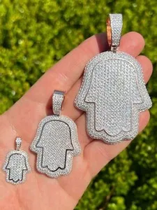 Authentic Real 14k Rose Gold Plated 925 Silver Hamsa Hand Out Iced CZ Pendant Necklace