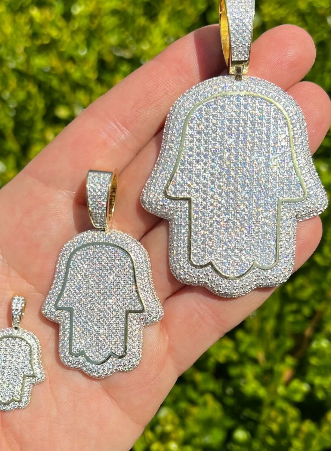 Authentic Real 14k Gold Plated 925 Silver God's Hand Hamsa Iced CZ HipHop Pendant Necklace
