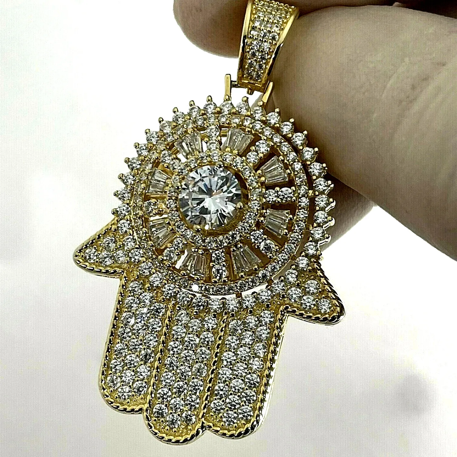 Authentic Certified Moissanite 14K Yellow Gold Plated 2.50 Ct Hamsa Hand Round Cut Pendant