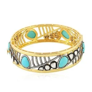 Authentic 5.96ct Rose Cut Diamond Turquoise Gold Plated Bracelet Bangle 925 Silver