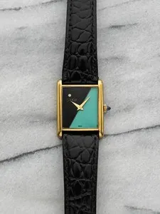 Authentic Vintage Eska Tank Gold-Plated Manual Wind Turquoise & Black Lacquered Dial 23mm