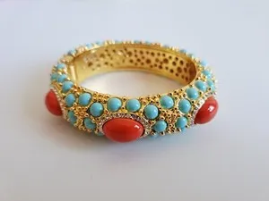 Authentic Angelique De Paris gold plated turquoise coral cuff bangle bracelet