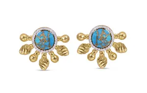 Authentic Solar Radiance: Turquoise & Diamond Half Sun Earrings, 14K Gold