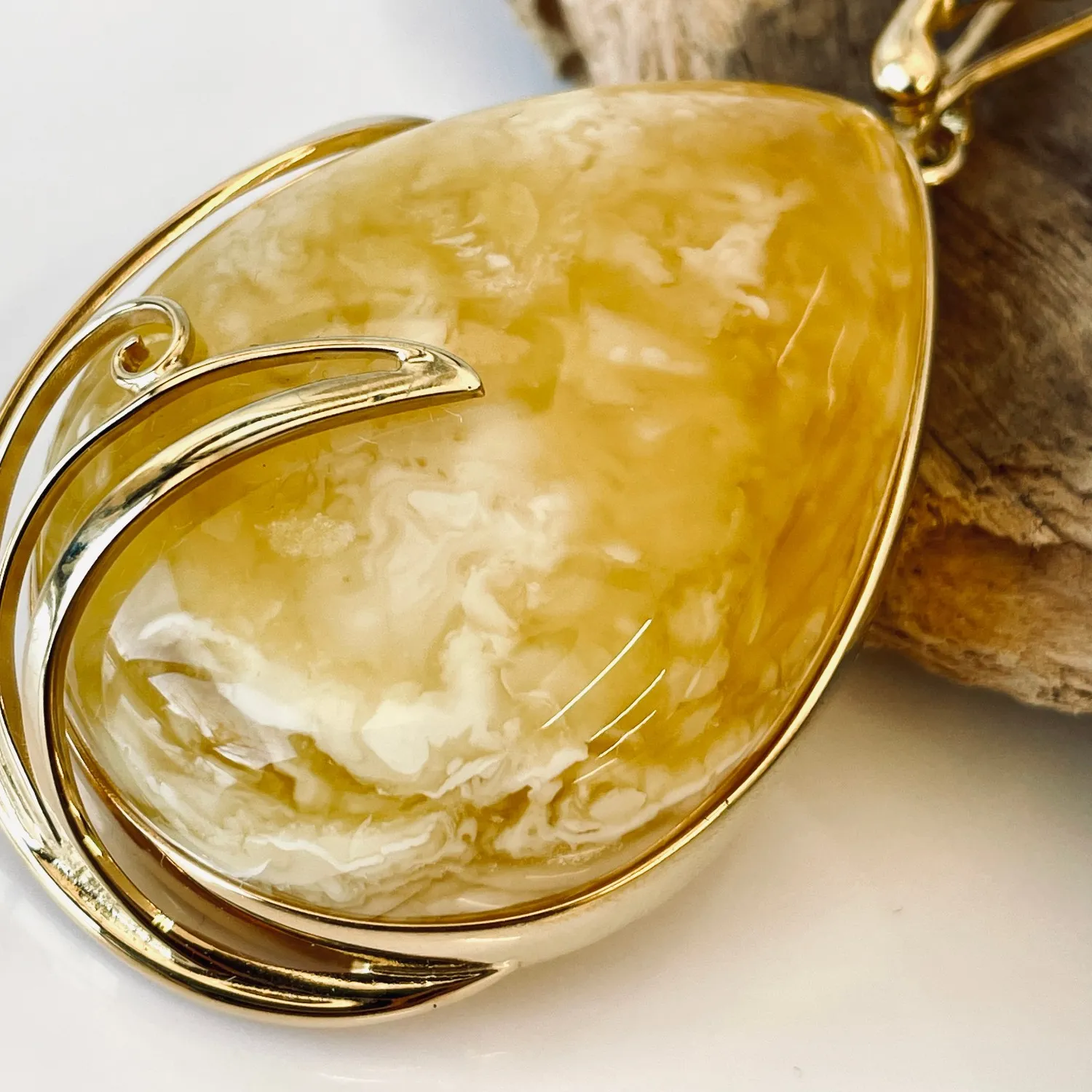 Authentic Unique White Baltic Amber Pendant, Natural Amber Gold-Plated 925 Silver
