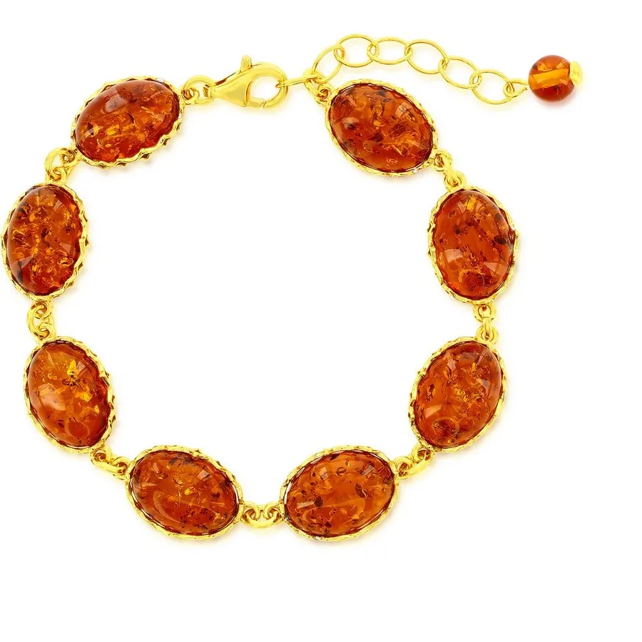 Authentic Sterling Silver, Oval Amber Link Bracelet - Gold Plated