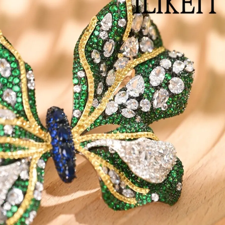 Authentic Luxury Butterfly Brooch Pin 925 Silver Gold Plated with Jade & Zircon