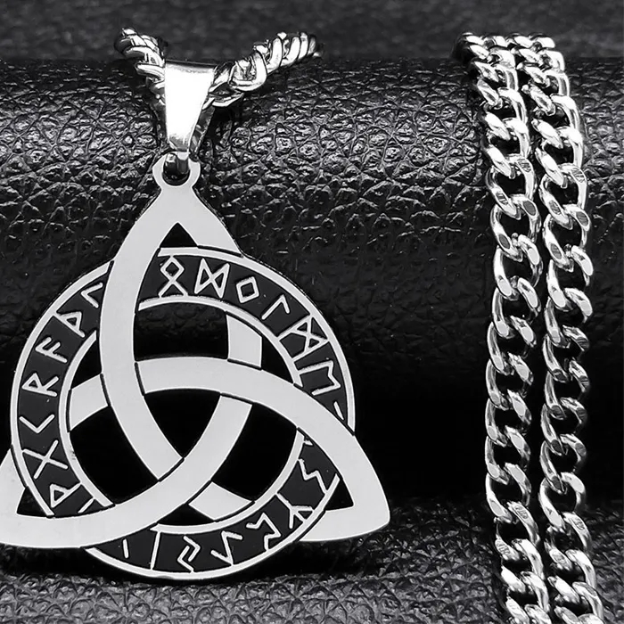 Authentic Norse Viking Futhark Runes Triquetra Celtic Knot Symbol Pendant Necklace Holy Trinity Amulet Chain Jewelry