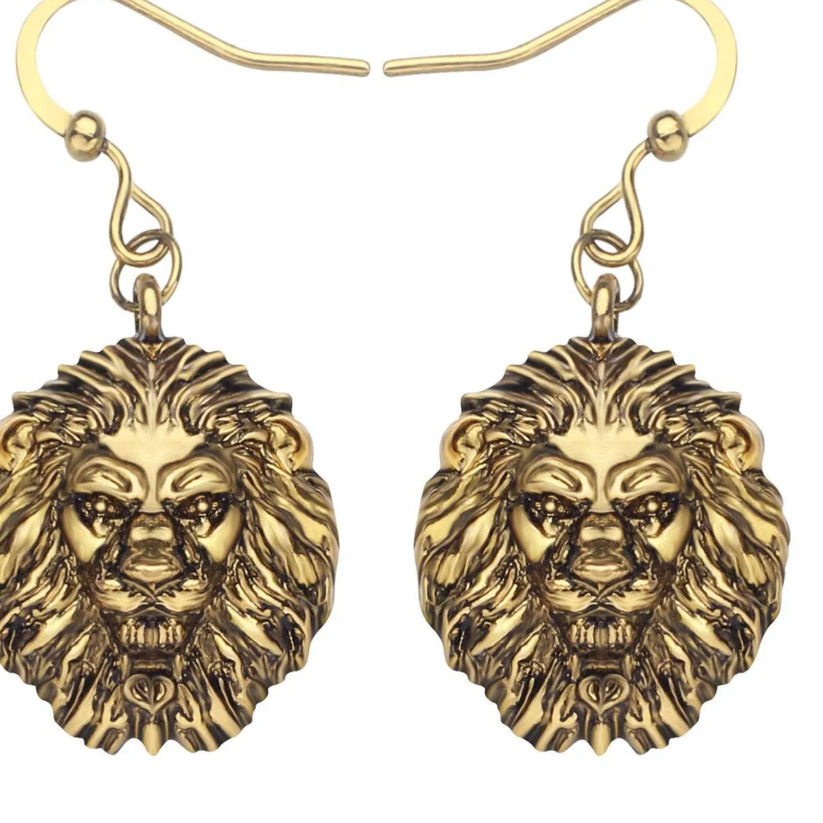 Authentic Alloy Antique Gold Plated Head Lion Earrings Drop Dangle Jewelry For Women Te...