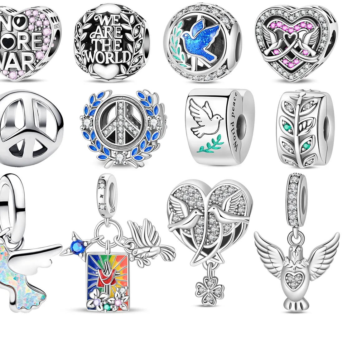Authentic 925 Sterling Silver Peace Charms Peace Sign Dove Heart Enamel Beads No More War Text Pendant Fit European Bracelet Diy Jewelry