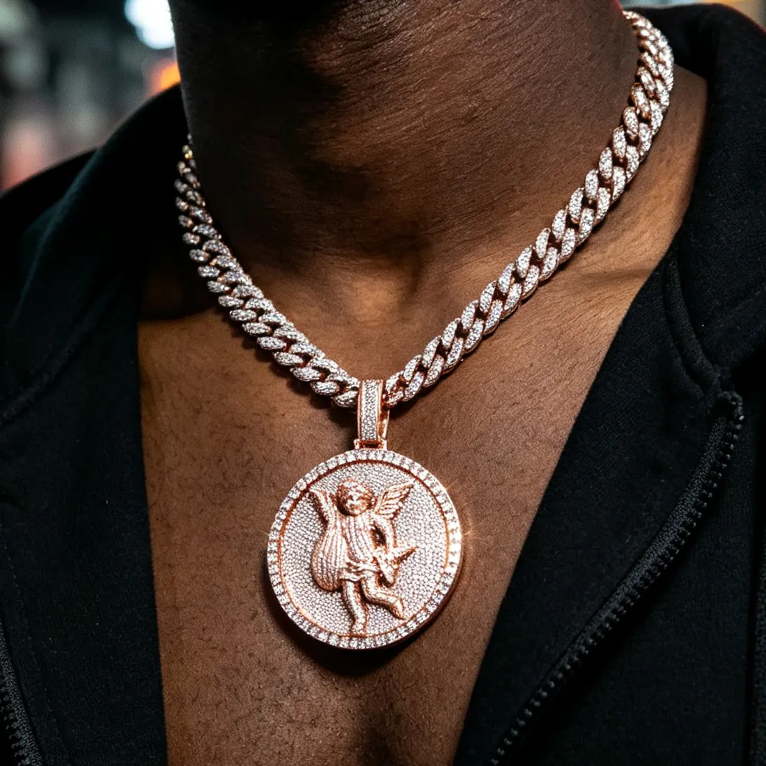 Authentic Iced Out Cherub Angel Medallion Pendant Fine Jewelry Club Religious Cupid Necklace Accessories