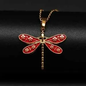 Authentic 18K Gold Plated Retro Red Dragonfly Pendant Necklace Jewelry Women Men
