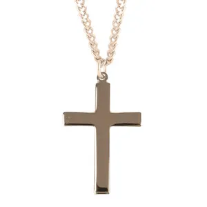 Authentic Gold Plated Sterling Silver 1-3/8" Latin Style Cross Medal Necklace 24" Chain