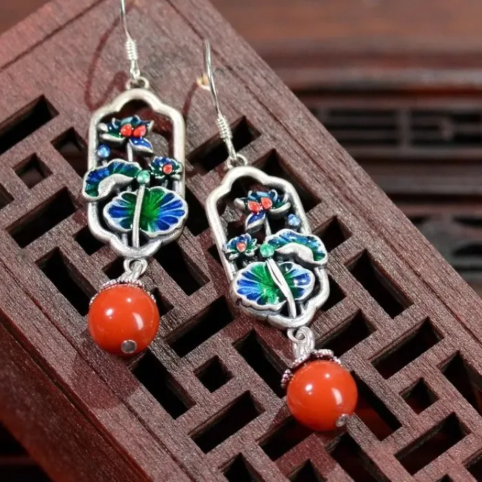 Authentic Lotus Whisper Cloisonné Enamel Earrings With Purple Dragon Crystal