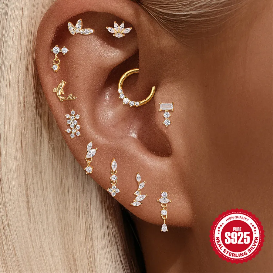 Authentic Canner 925 Sterling Silver Horse's Eye Lotus Fish Piercing Stud Earring Non Allergy Helix Tragus Jewelry