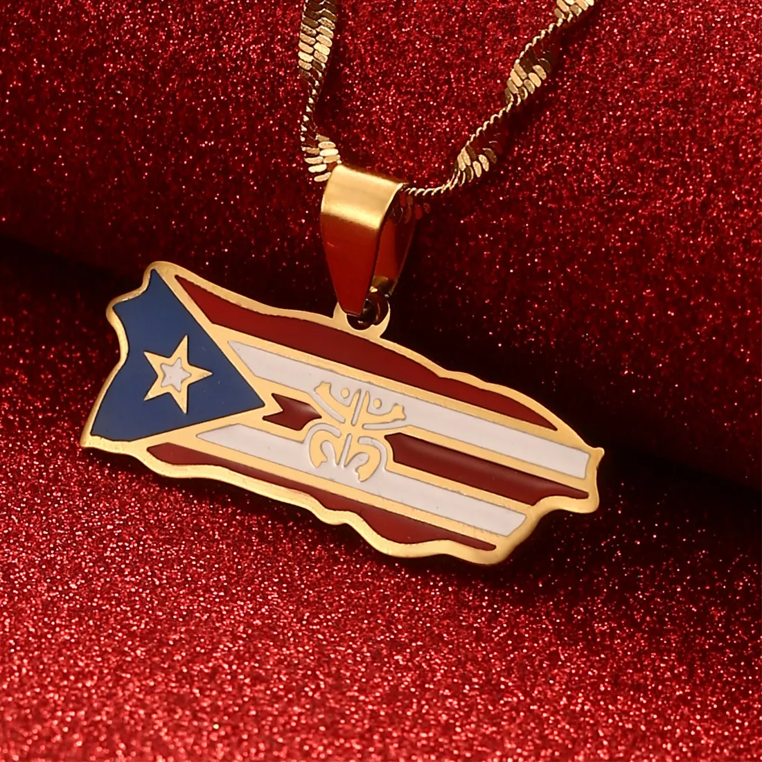 Authentic Puerto Rico Map Frog Colored Flag Pendant Necklaces Gold Color PR Puerto Ricans Jewelry