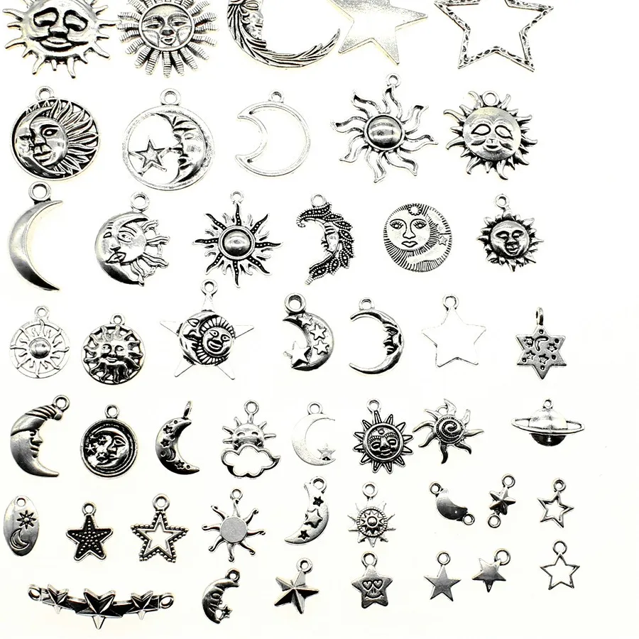 Authentic Wysiwyg 40G Antique Silver Color Random Mix Styles Sun Moon Star Charms Diy Handmade Craft For Jewelry Making