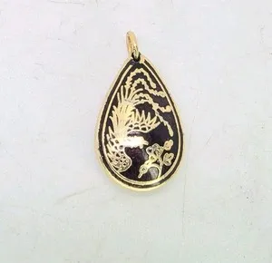 Authentic Vtg Asian Dark Red Guilloche Pendant Gold Plated Phoenix Bird Teardrop Damascene