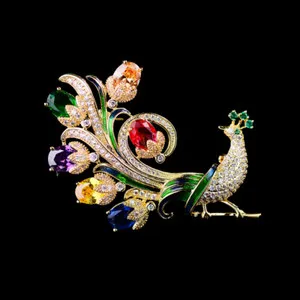 Authentic Celestial Phoenix Bloom Talisman - Gold-Plated CZ Flower & Peacock Brooch