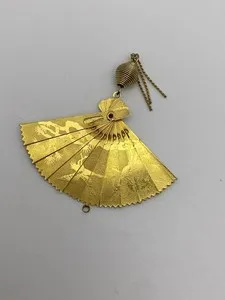Authentic Vtg Classic Chinese Phoenix & Crane Etched Folding Fan Gold Plated Charm/Pendant