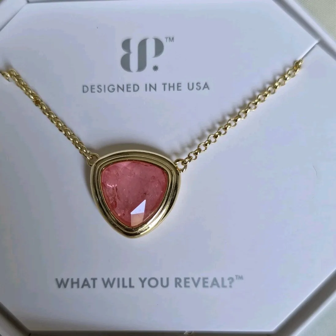 Authentic BP Gold Plated Lab-Created Pink Rose Quartz Triangle Pendant Necklace 18"
