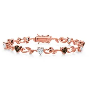 Authentic 18K Rose Gold Plated Silver Heart Shape Smoky Quartz White Moissanite and