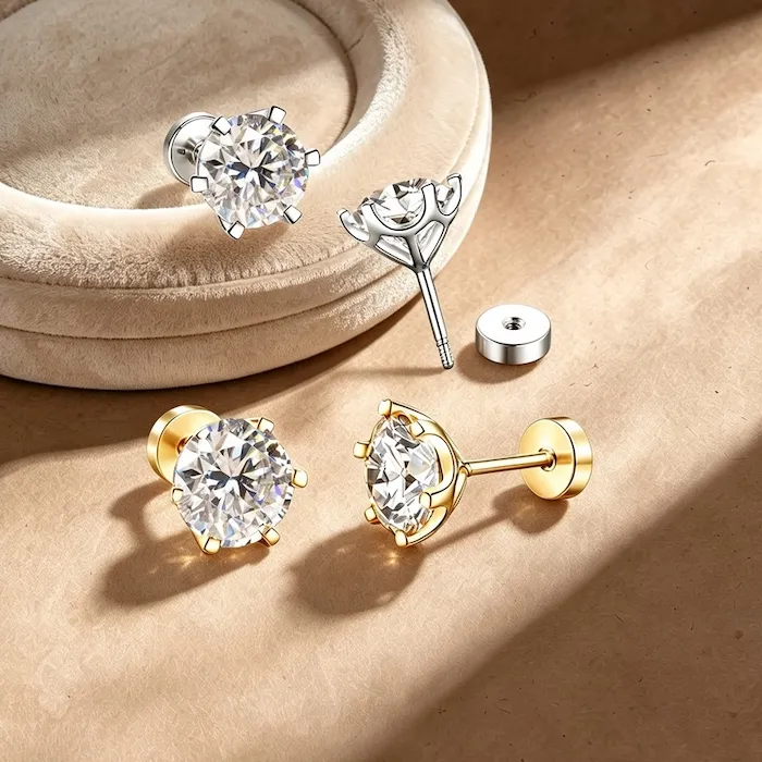 Authentic Solitaire Celestial Threaded Stud- Gold- Plated Moissanite Cylinder Ear Plug