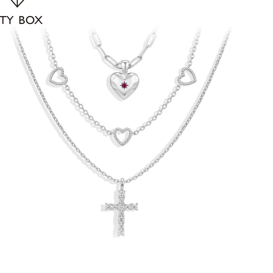 Authentic Mintybox Heart & Cross Shape Moissanite Necklaces 3 Layer Stacked Necklace Adjustable 40 5Cm Birthday Jewelry