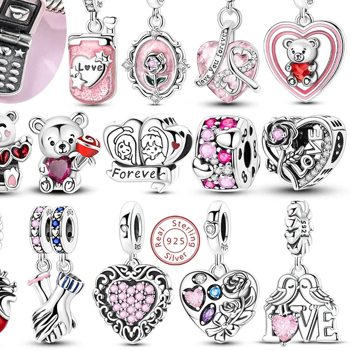 Authentic Original Valentine's Day Charms Bead Pendent 925 Silver Heart Love Rose Bear Charms Fit Bracelet Bangle Woman Diy Jewelry