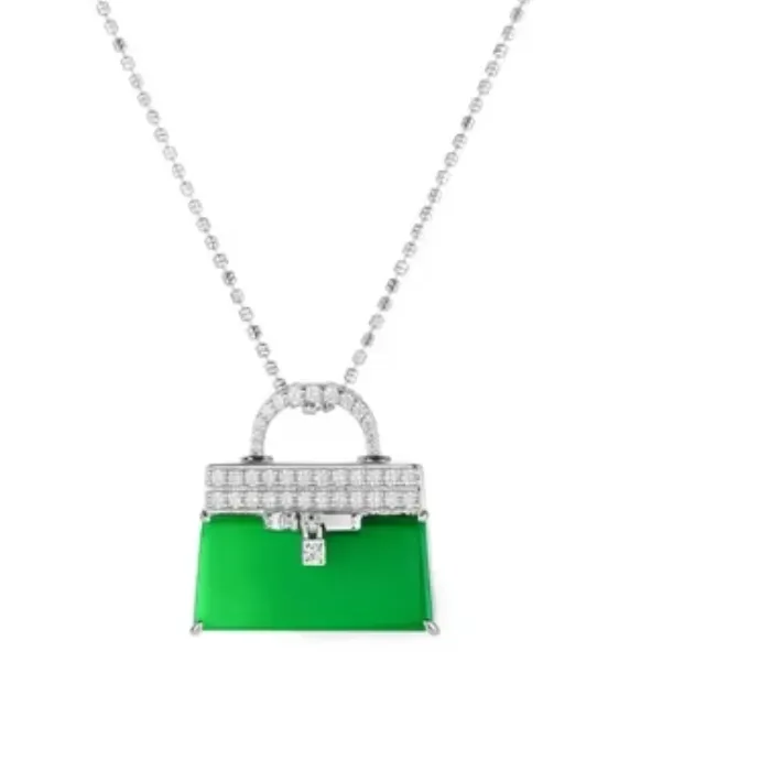 Authentic Bellux Pendant Chain 925 Silver Gold Plated Synthetic Zircon Green Square Chalcedony Small Kelly Bag Necklace