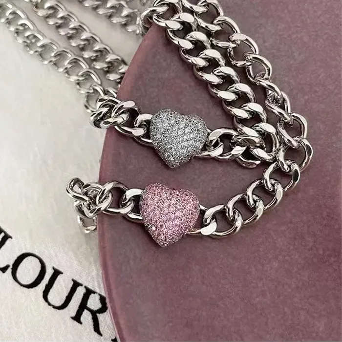 Authentic Hip Hop 4Mm Wide Snake Bone Chain Heart Pink White Gemstone Necklace 925 Sterling Silver Fine Jewelry