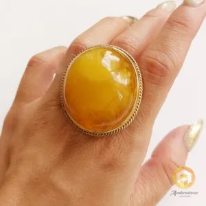 Authentic Natural Butterscotch Baltic Amber Ring and 925 Gold-plated Silver Big Amber