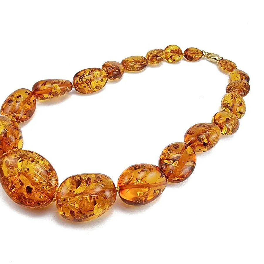Authentic Cognac Amber Big Nugget Beads Necklace 14k Gold Plated