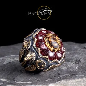 Authentic Carved Red Amber,Relief Lion Design,Gold Plated,Handmade,925 K Silver Men's Ring