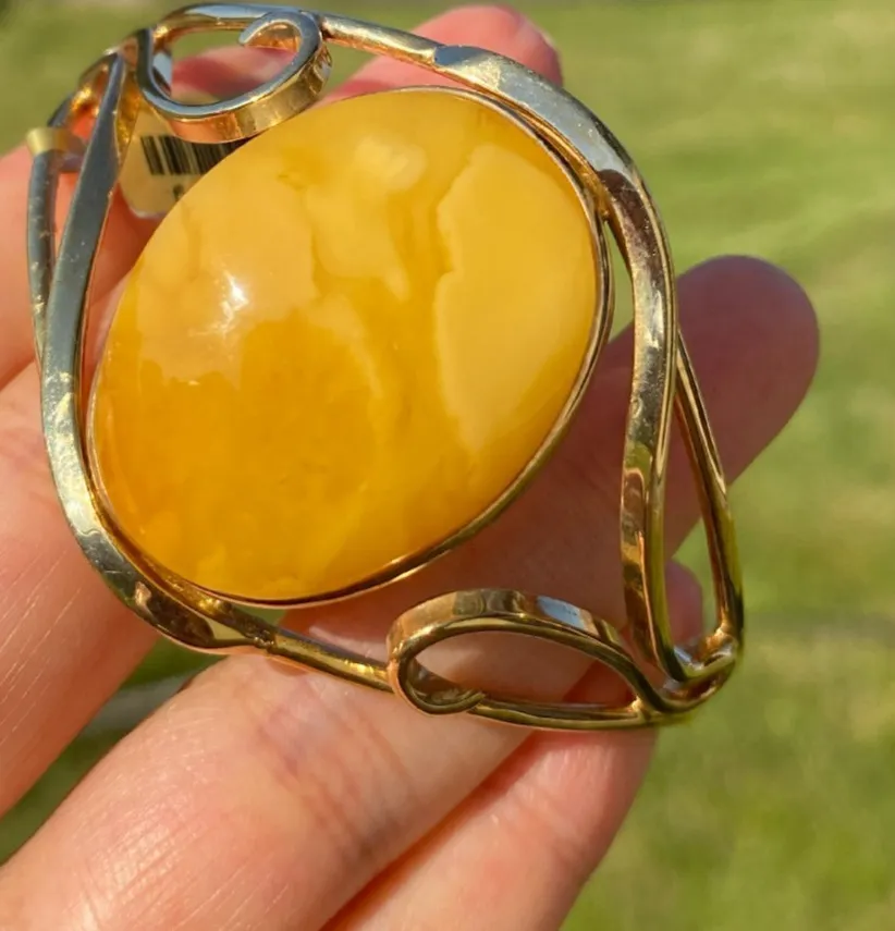 Authentic Authentic Baltic Yellow Amber Sterling Silver 14K Gold Plated Bangle Bracelet