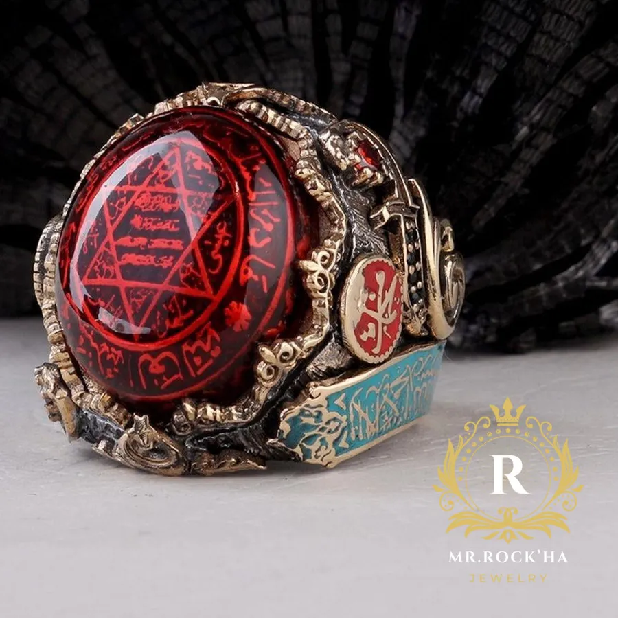 Authentic Seal of Solomon,Gold Plated,Red Amber Stone,925 Sterling Silver Men's Ring