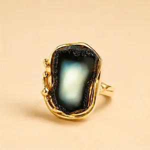 Authentic Baltic White and Black Amber Regal Ring in 14k Gold Plated s925 Adj