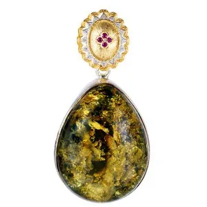 Authentic Gold Plated 925 Sterling Silver Green Pear Shaped Baltic Amber Pendant