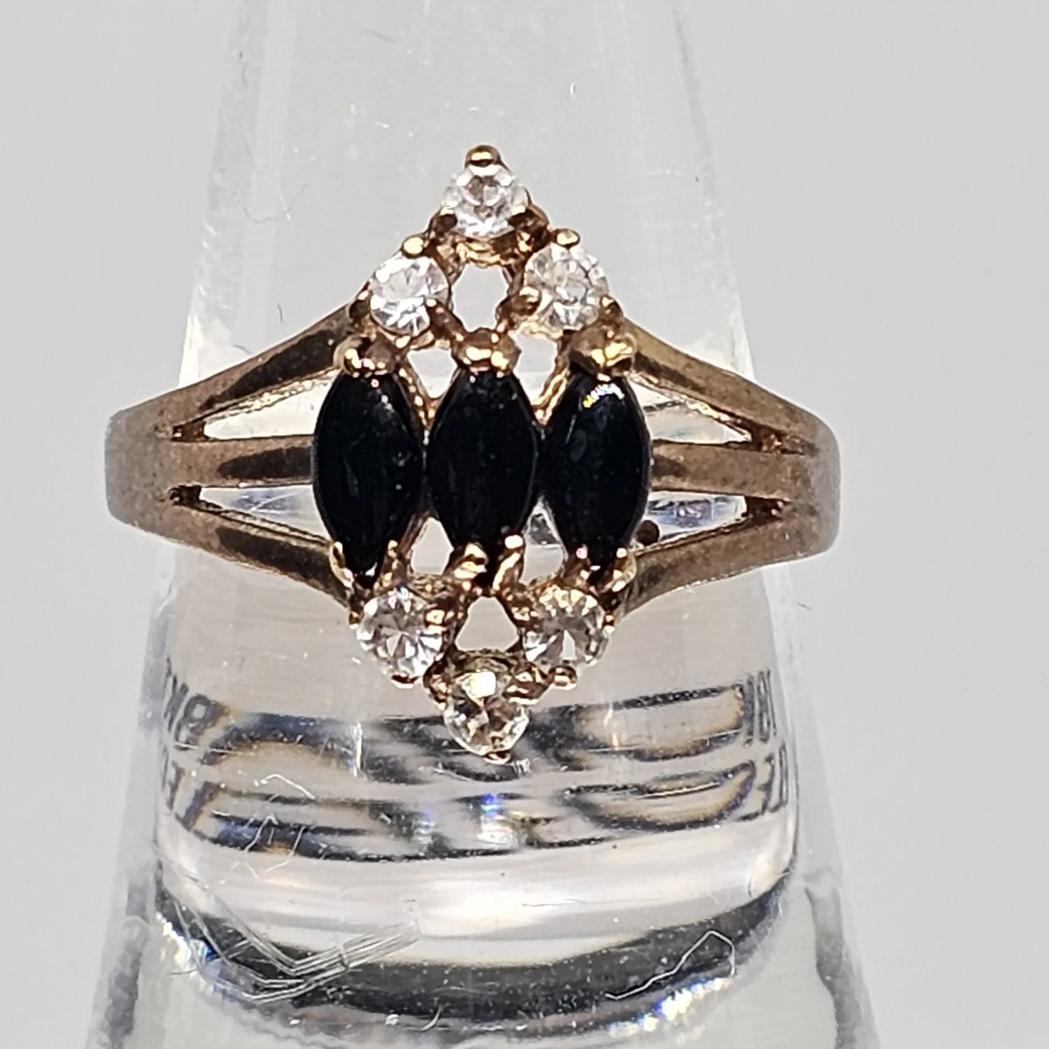 Authentic Onyx Cluster Cocktail Shield Ring 18k Yellow Gold Plated CZ Accent Size 7