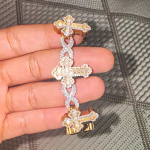 Authentic Moissanite Cross Bracelet 925 Sterling Silver 14K Gold Plated Iced Out