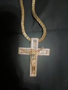 Authentic Diamond Gold Tone Tennis Chain With Gold Plated Diamond Cross