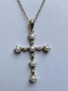 Authentic DIAMONIQUE Gold Plated 925 Sterling Silver Cultured Pearl & CZ Cross Necklace