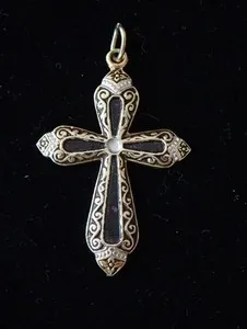 Authentic Vintage Gold-plated cross pendant with black and white enamel 1.5"